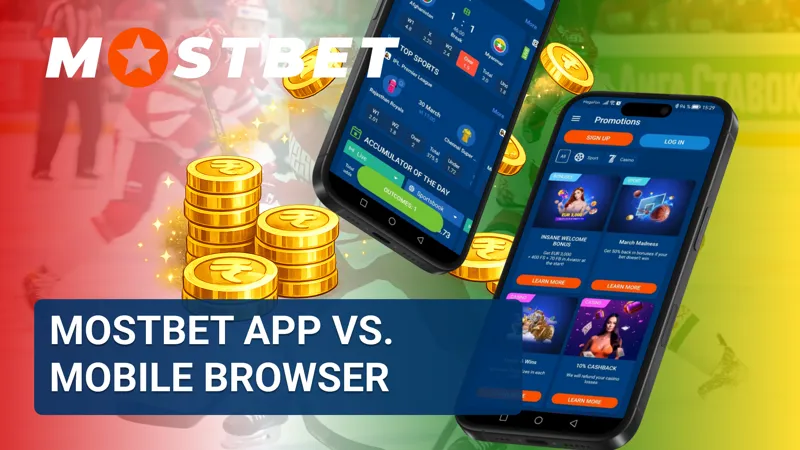 Comparison between the Mostbet app and the mobile browser version on smartphones.