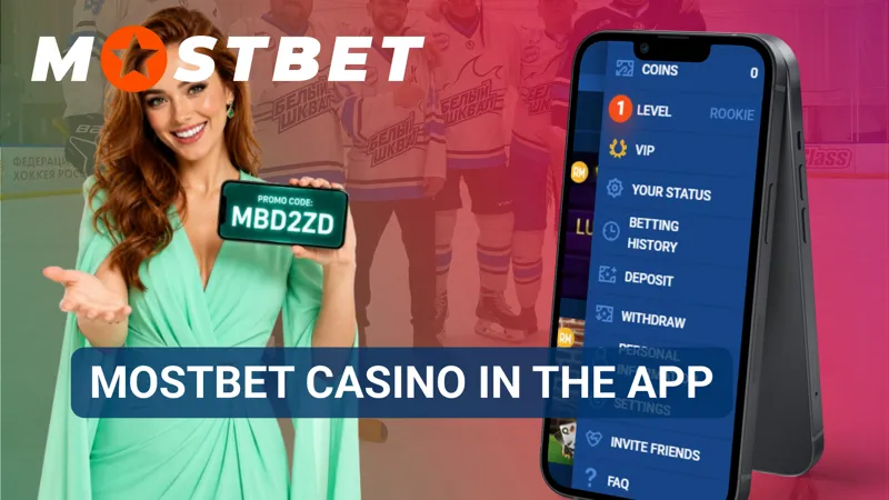 A casino section displays slot machines, live tables, and game categories inside the Mostbet app.