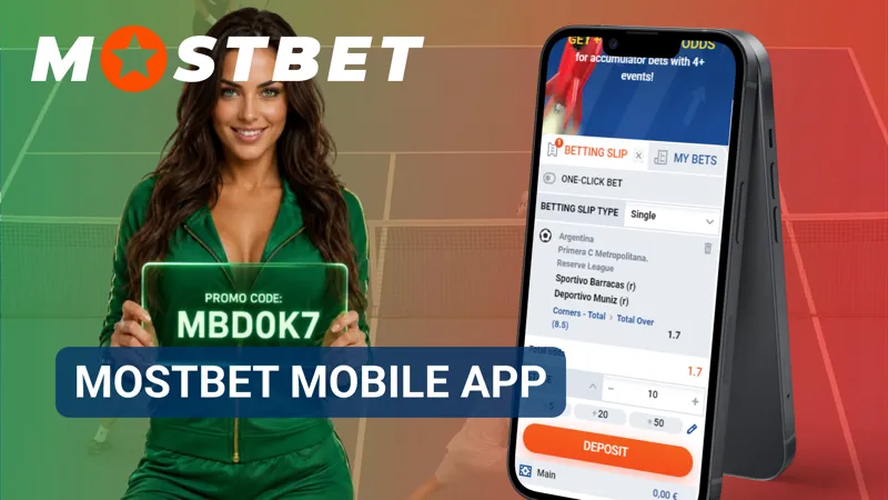 A smartphone shows the Mostbet mobile app beside Android and iOS download icons in Bangladesh.