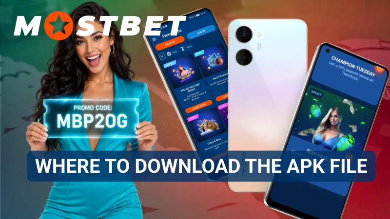 An official Mostbet APK download page appears on a mobile browser screen.
