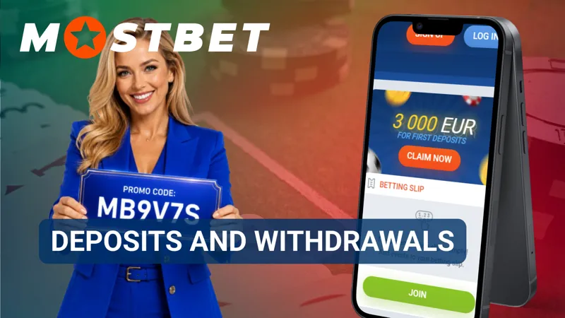 A payment interface shows deposit and withdrawal options inside the Mostbet app.
