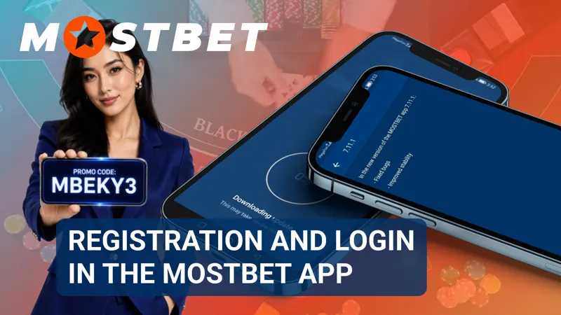 A login screen displays email and password fields for accessing the Mostbet account.