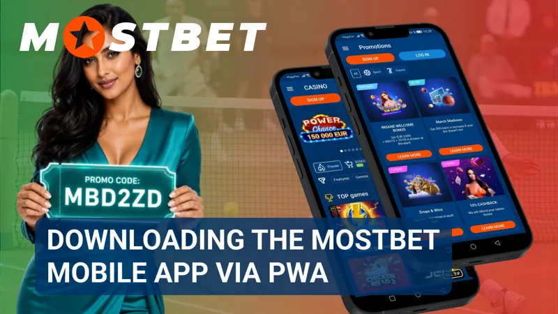 A mobile browser shows the Mostbet PWA installation prompt on a smartphone screen.