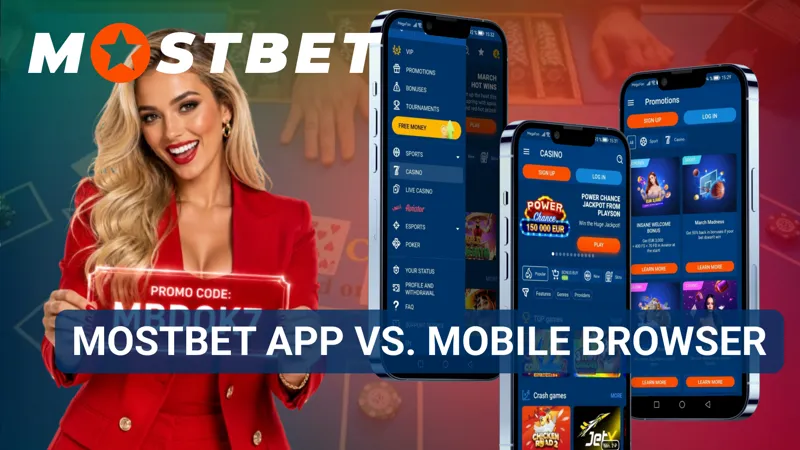 A split-screen compares the Mostbet mobile app interface with a browser version on a smartphone.