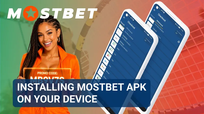 A setup wizard processes the Mostbet APK installation on a smartphone.