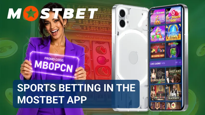 A live betting interface shows odds, match statistics, and active sports events in the Mostbet app.