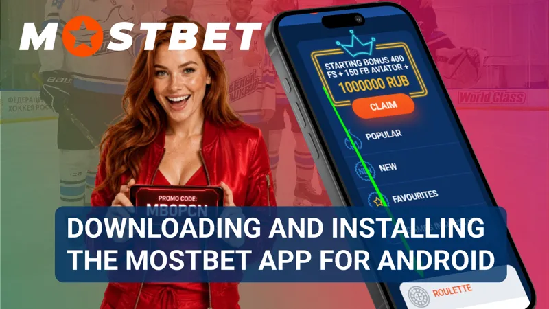 An Android device downloads the Mostbet application from an official source.