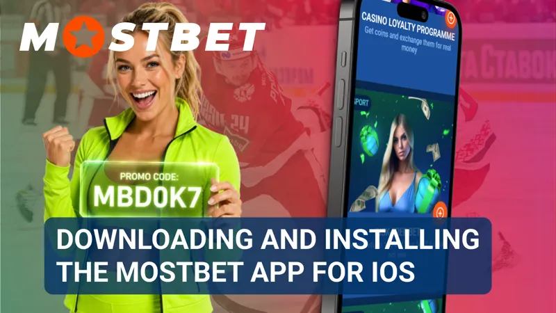 An iPhone downloads the Mostbet application while the installation progress appears on the screen.